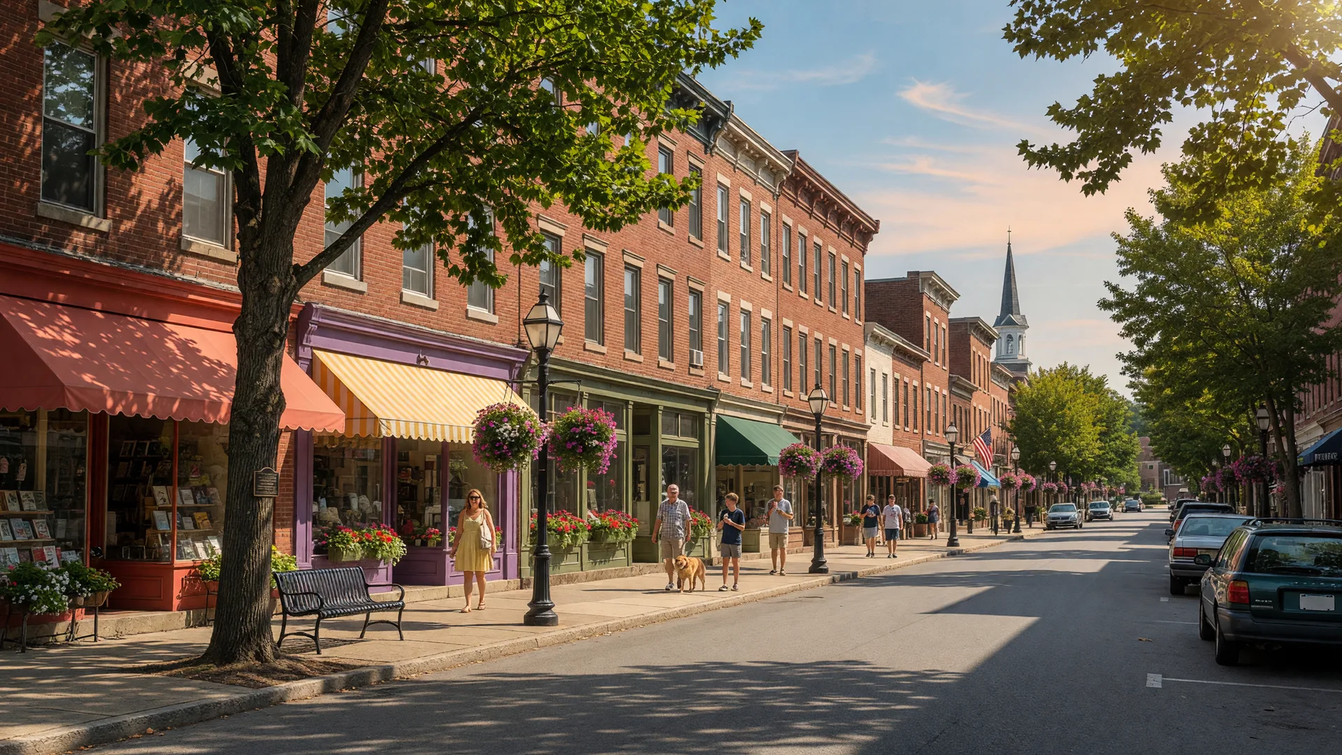 Scenic view of downtown Milford, Pennsylvania with historic brick buildings on a sunny late summer afternoon