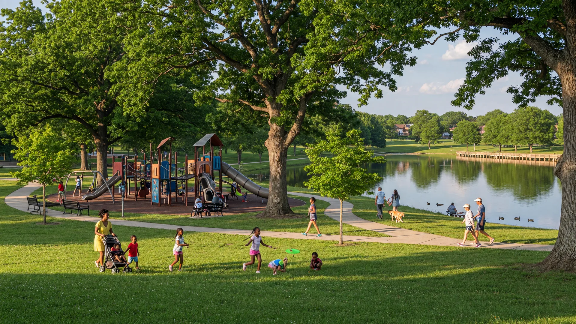 Families enjoying a beautiful community park in Blue Springs, Missouri with mature trees, playground, walking paths, and a pond in warm afternoon sunlight