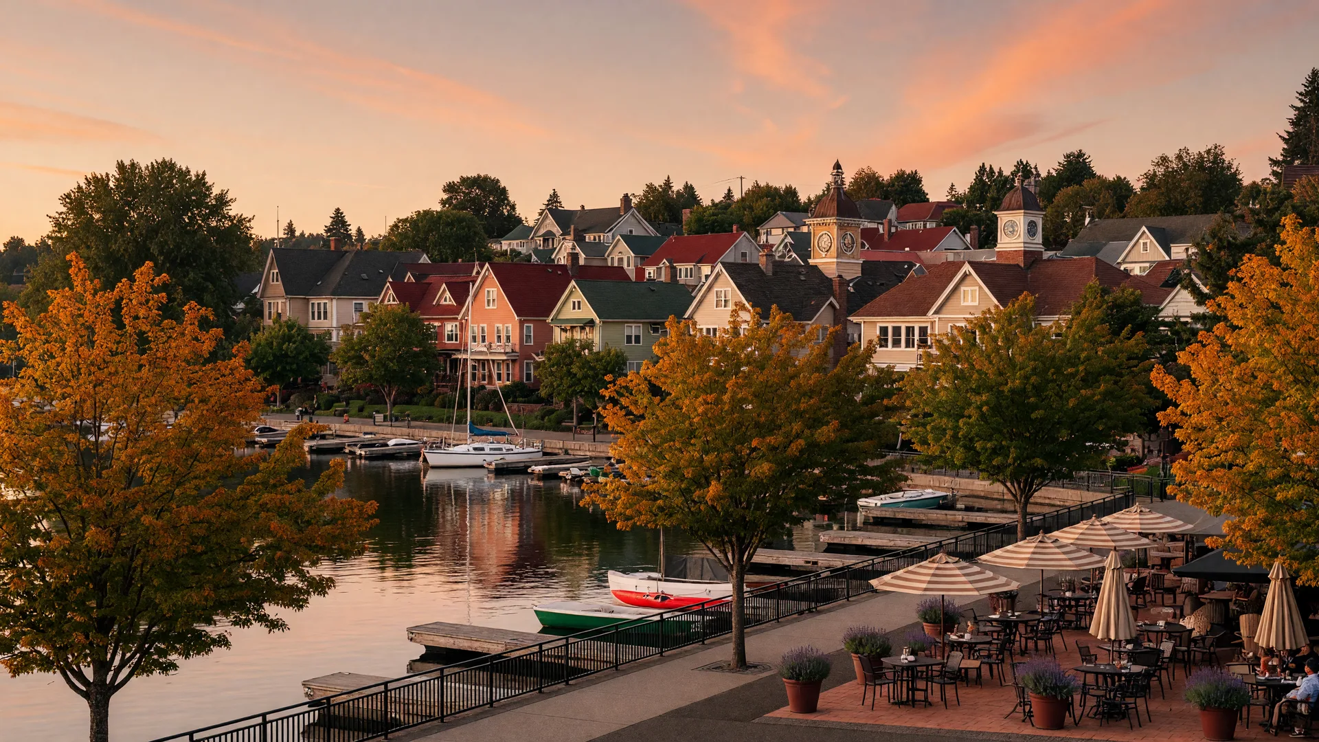 Downtown Lake Oswego across the calm water of Oswego Lake at golden hour