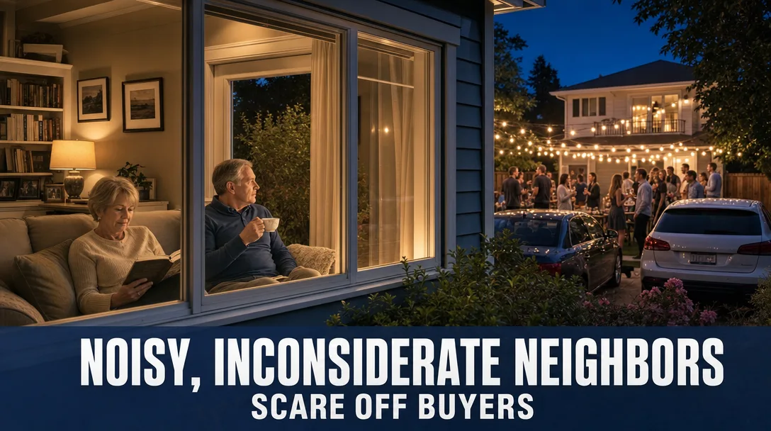 A residential street at dusk with warm lights in the windows, where noise levels and quiet shape how a block feels