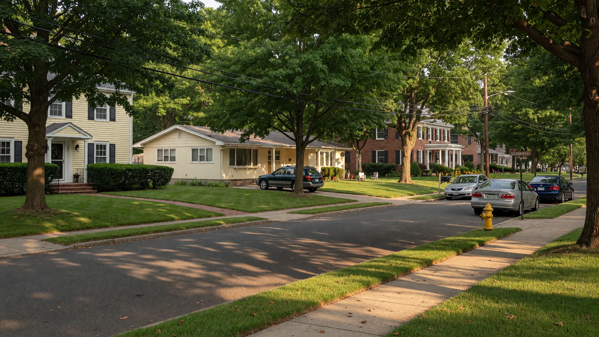 A quiet residential street in Leonia, New Jersey with mature shade trees and well-maintained homes on a summer afternoon.