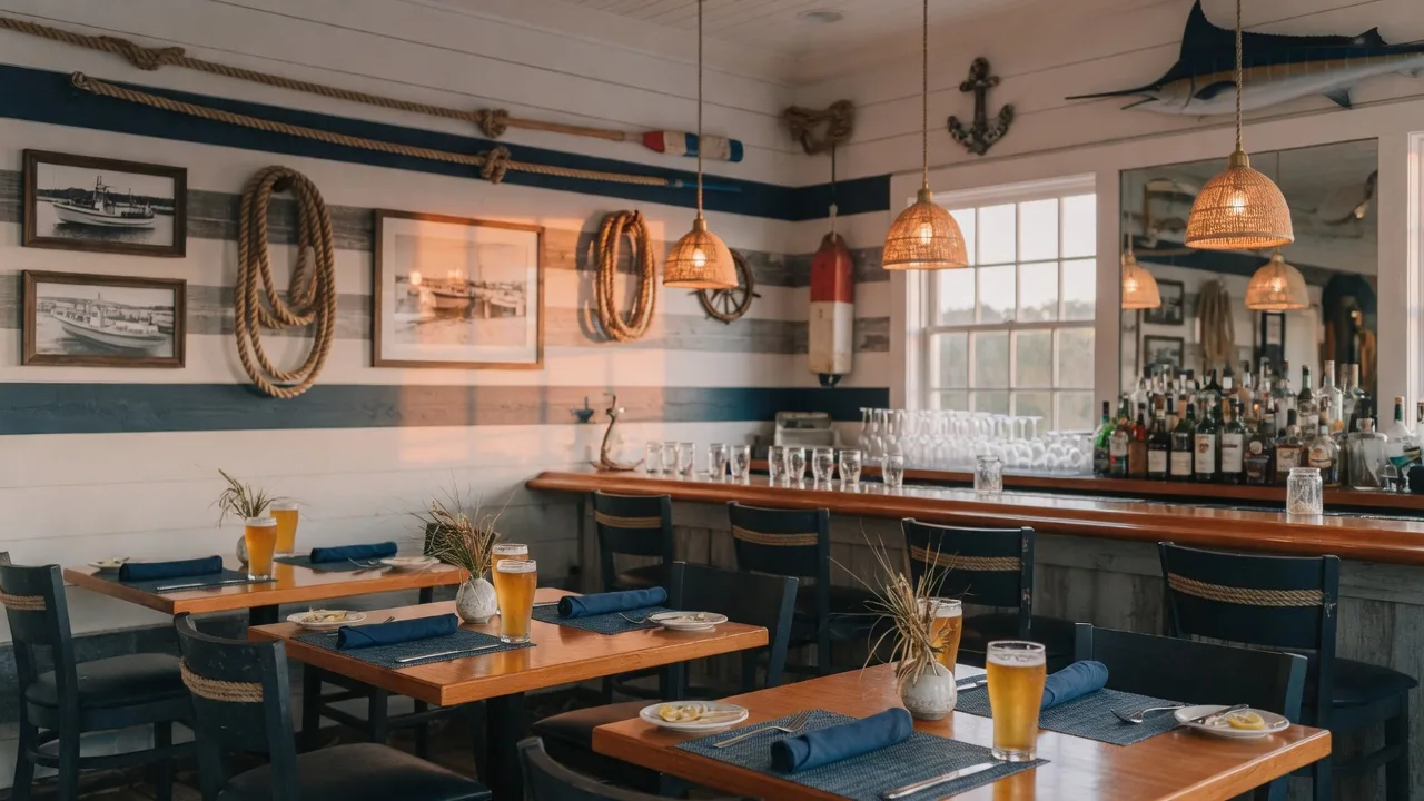 Warm, nautical-themed dining room inside Coastal Breeze Seafood Grill in Buford Georgia with pendant lighting, navy accents, and a long wooden bar