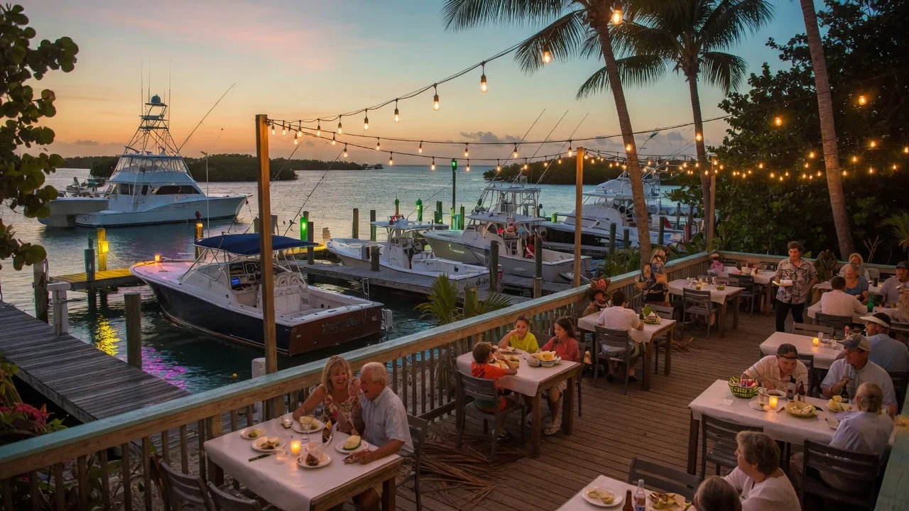 Waterfront dining scene in the Upper Florida Keys at twilight with a wooden deck restaurant overlooking a marina, string lights glowing, diners at tables, sportfishing boats at dock