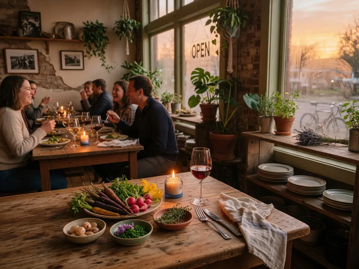 A farm-to-table restaurant on NE Alberta Street with wooden tables and seasonal plates in warm evening light