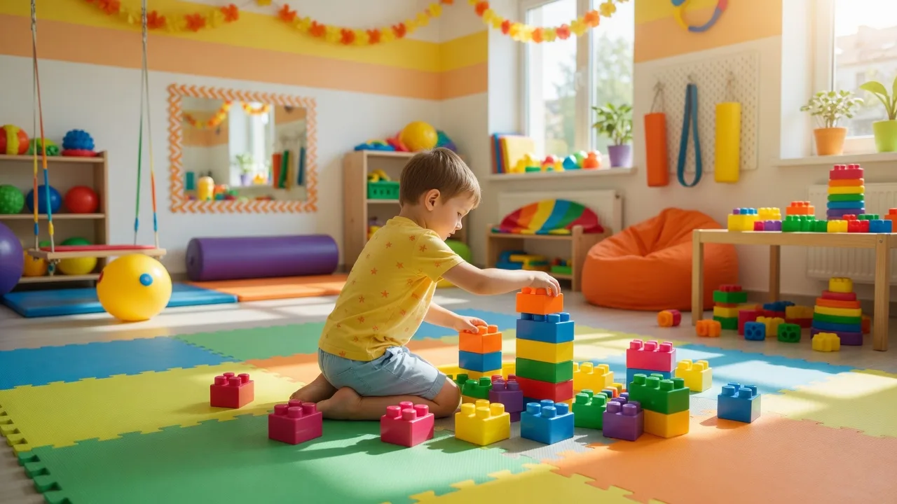A bright pediatric therapy room where a child plays with colorful building blocks on a therapy mat