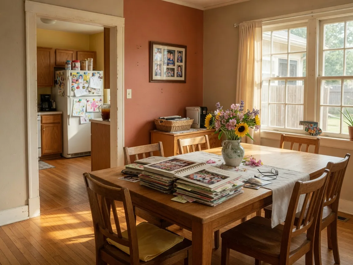Bright family dining room in an Oklahoma home with a wooden table, fresh flowers, and family photo albums