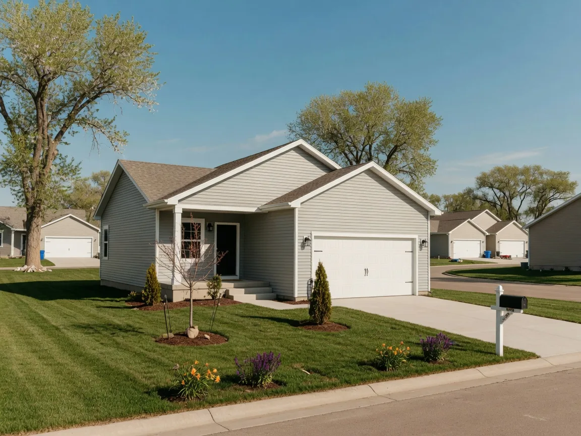 Representative image of a new-construction ranch home with neutral siding and an attached double garage; request the actual listing photos for 1947 E 33rd St N