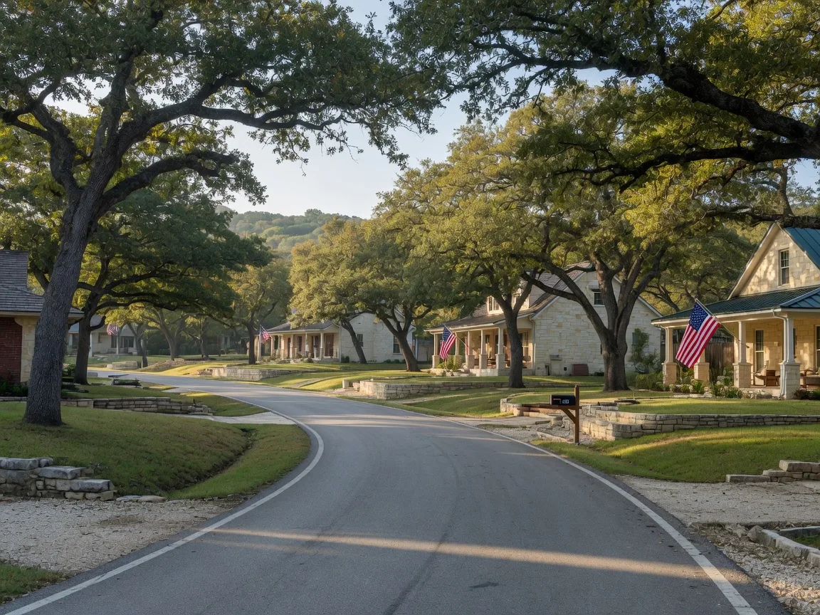 A quiet Hill Country residential street lined with live oaks, limestone and ranch-style homes on large lots with American flags on distant porches