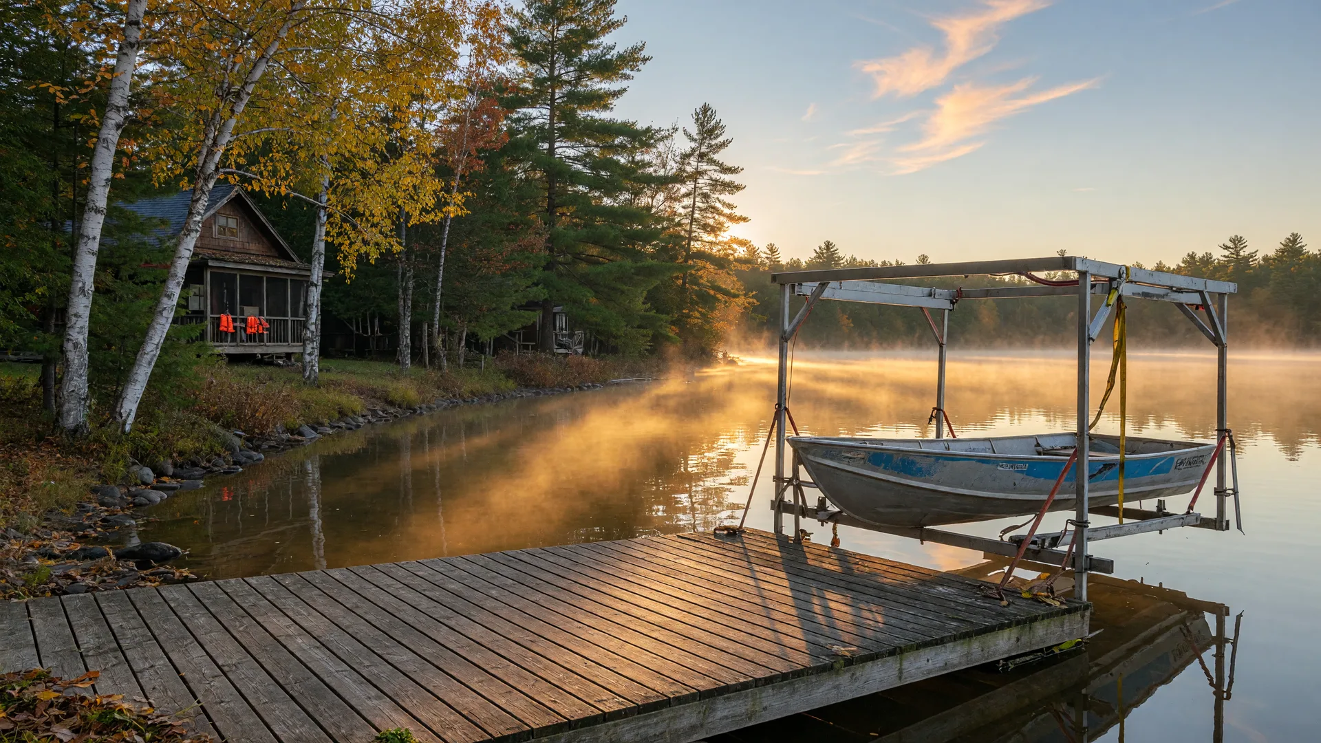 Autumn lake home shoreline with a wooden dock and boat lift on calm water