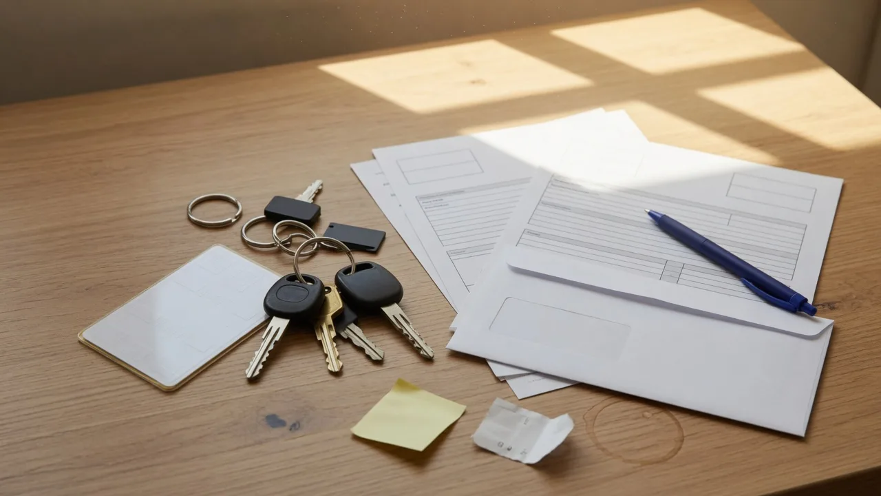 A driver's license, car keys, and registration form on a desk