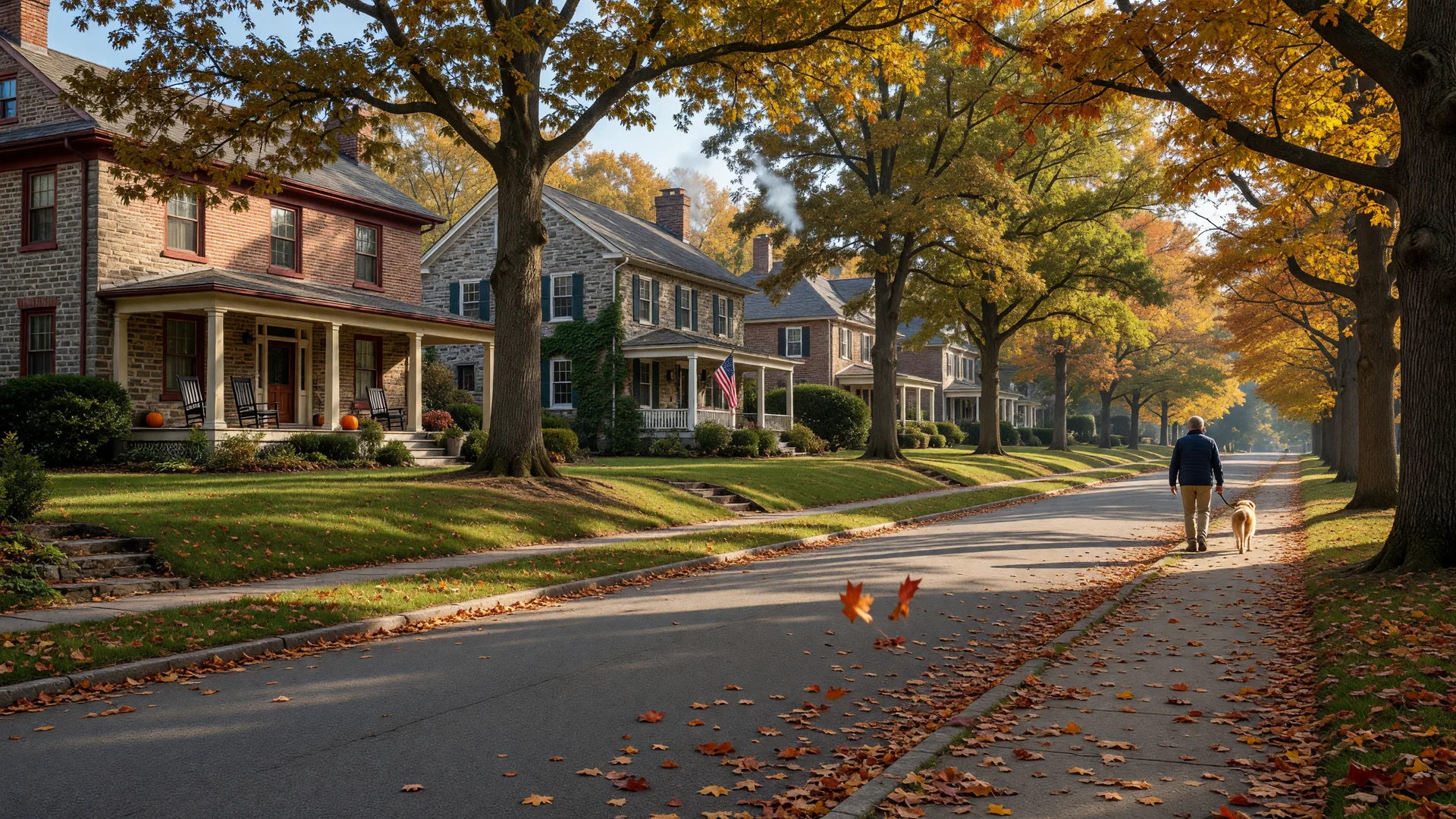 A tree-lined residential street in Rydal PA on a crisp October morning with golden autumn light through mature oaks, historic stone and brick homes with front porches on generous lawns, and fallen leaves drifting down the block