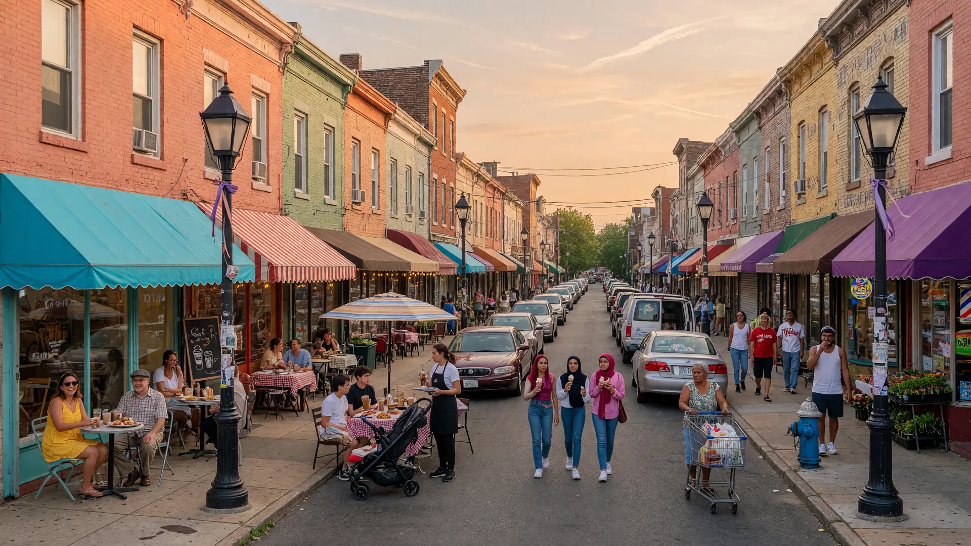 Point Breeze Avenue commercial corridor with restaurants, cafes, and shops in South Philadelphia