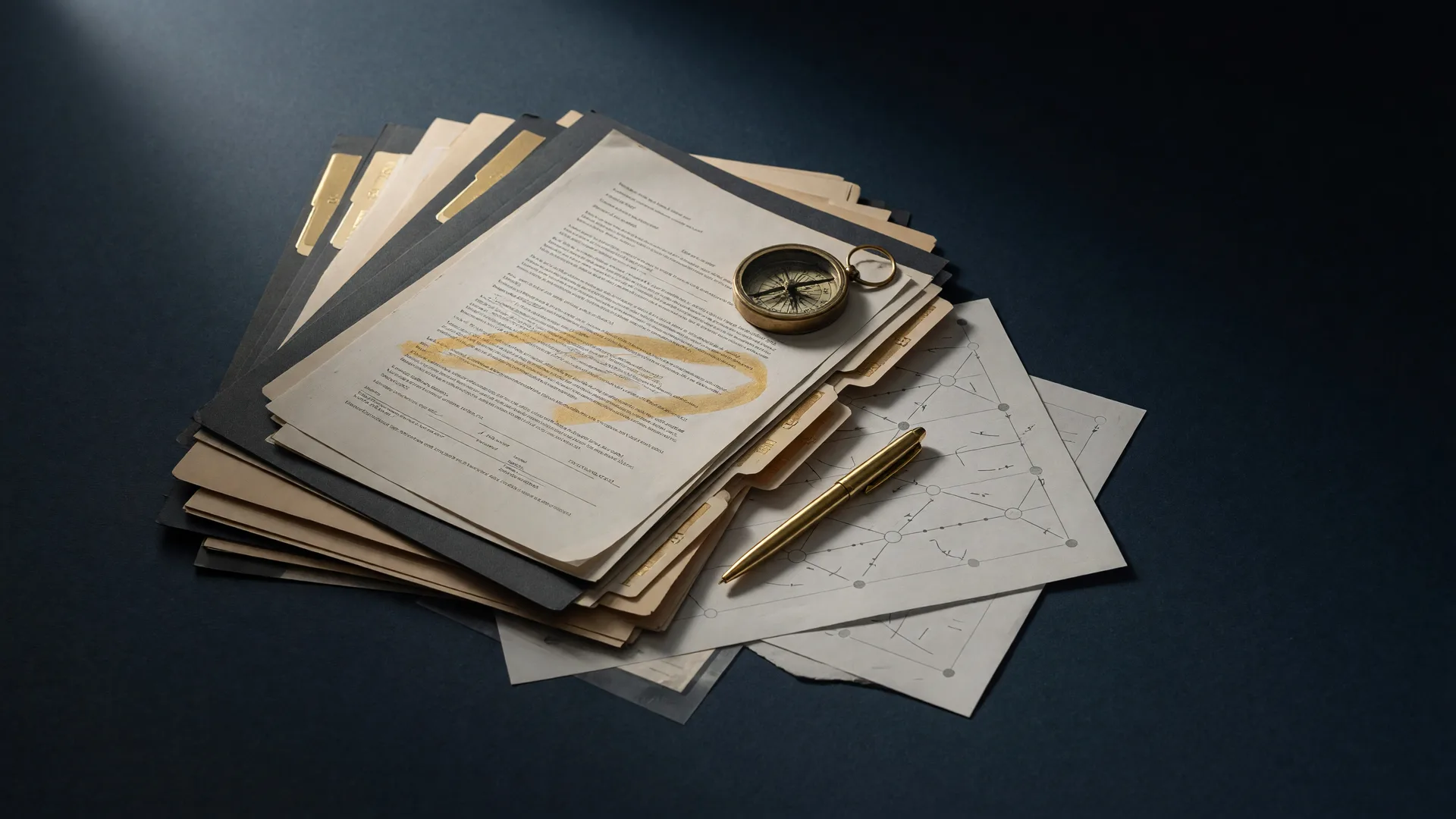 Case folders, medical records, and a decision document with gold tabs and a brass compass on a deep navy desk