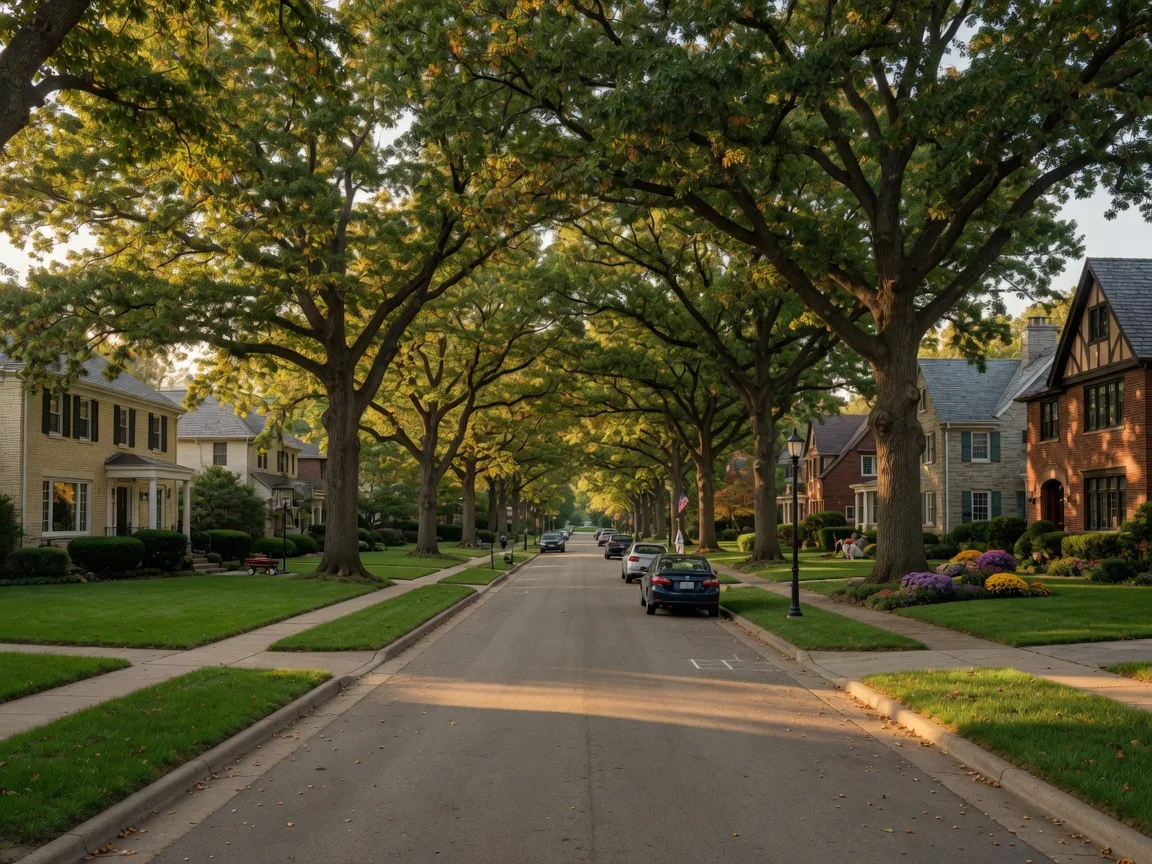 Peaceful tree-lined street in an established Overland Park neighborhood with stately homes and golden afternoon light