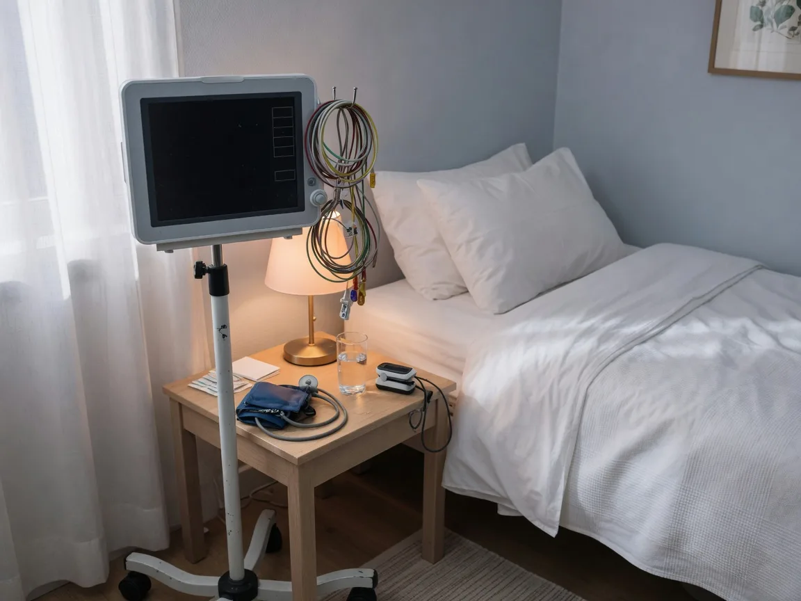 A bedside vital signs monitor with neat ECG leads, a pulse oximeter, and a blood pressure cuff on a table beside a lamp in a calm bedroom