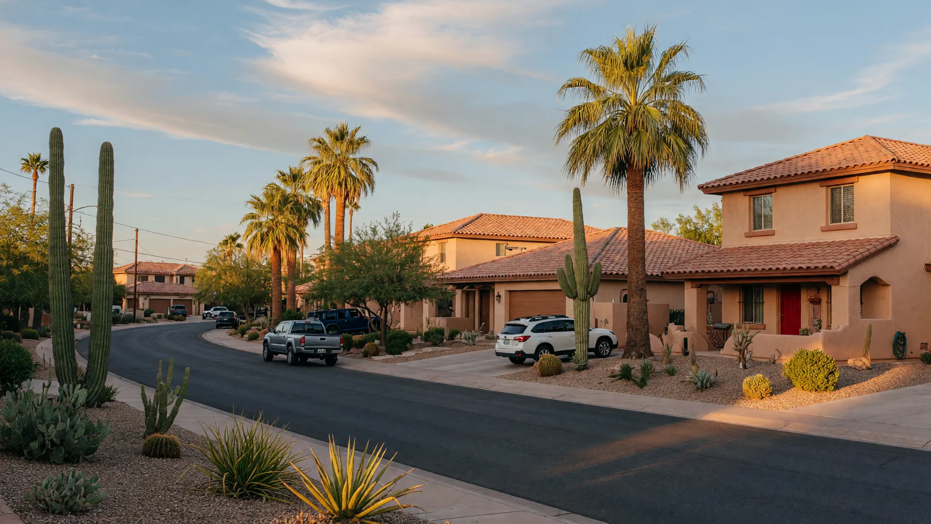 Quiet residential street in Gilbert, Arizona on a clear August morning with modern Southwestern homes and desert landscaping