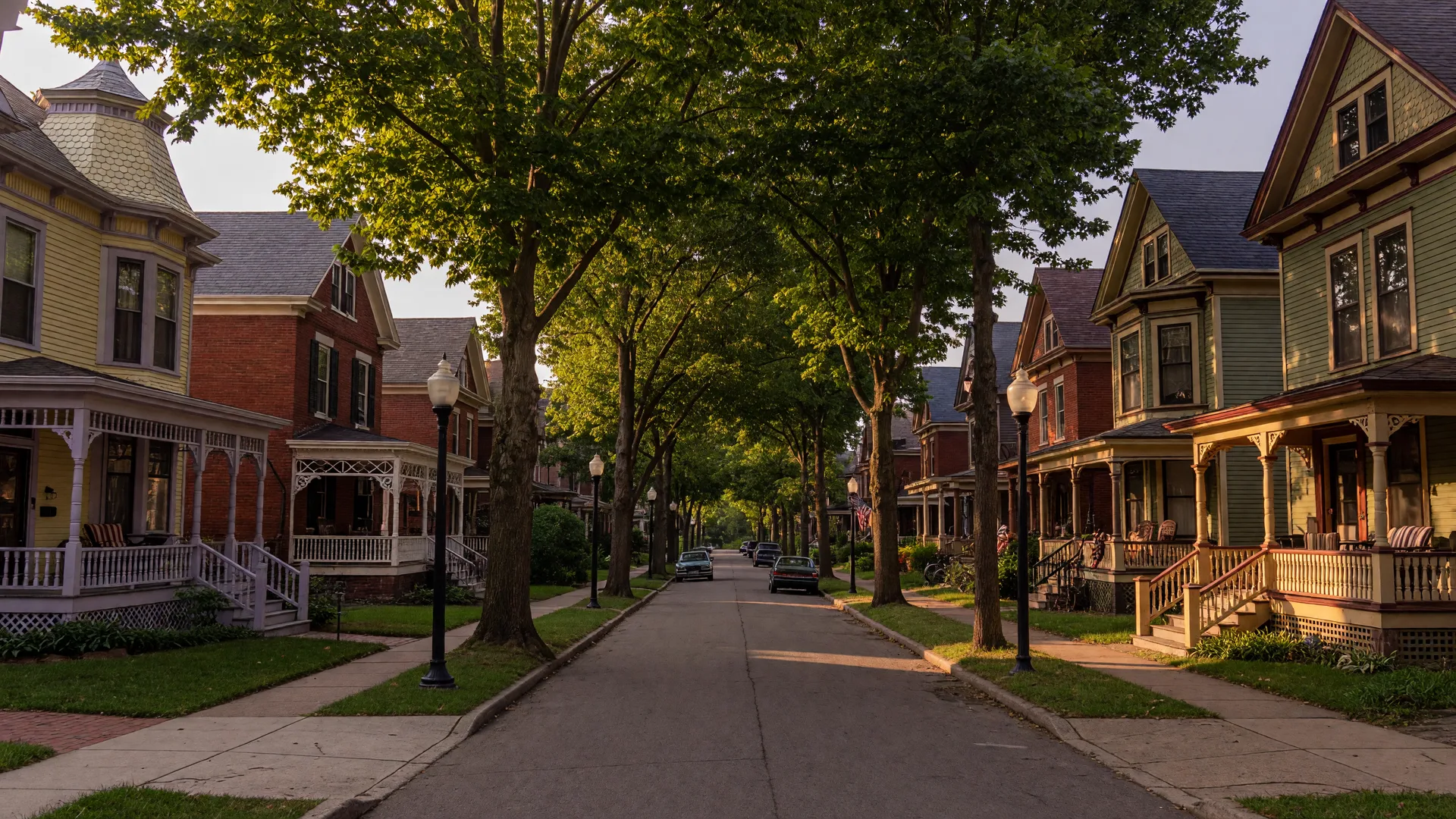 A tree-lined residential street in South Park Historic District in Dayton Ohio featuring well-preserved Victorian homes with ornate porches and mature shade trees in warm afternoon light