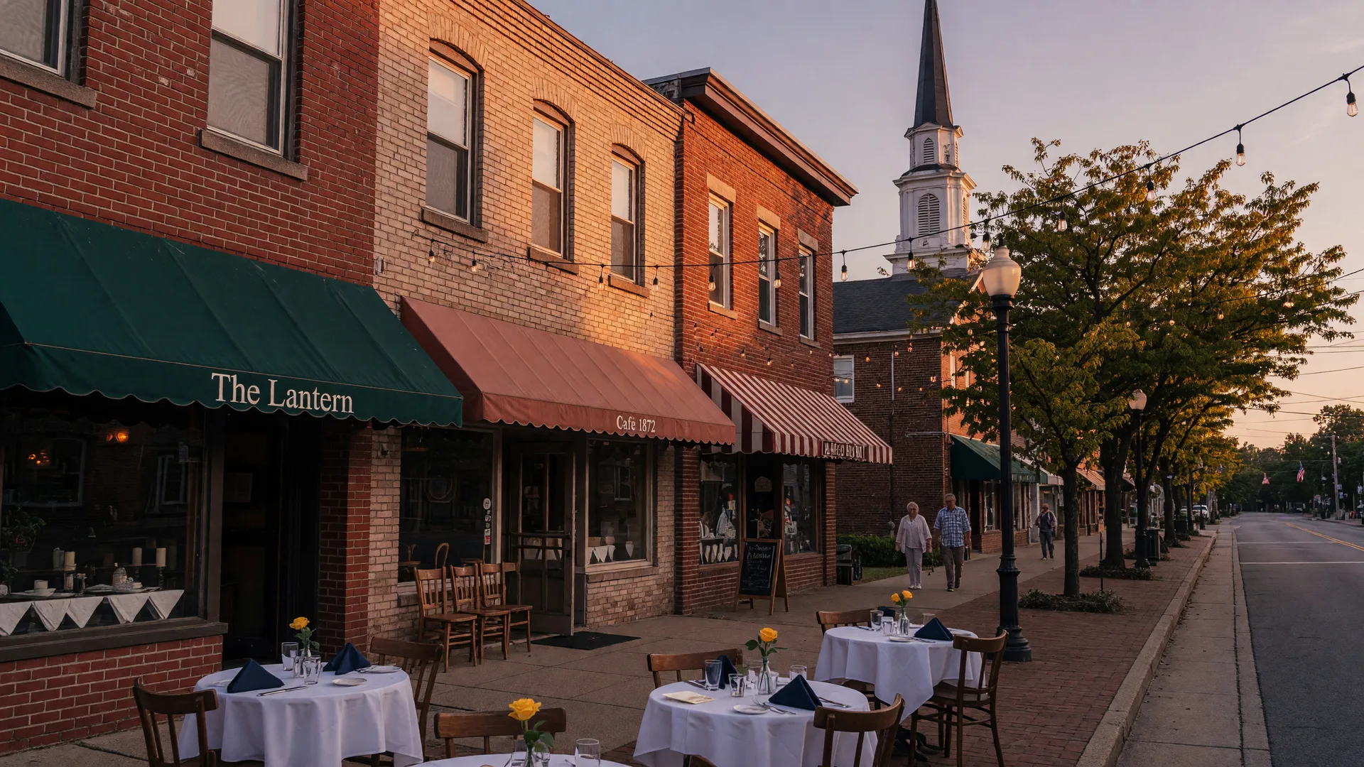Warm evening scene of a suburban Pennsylvania main street lined with restaurants