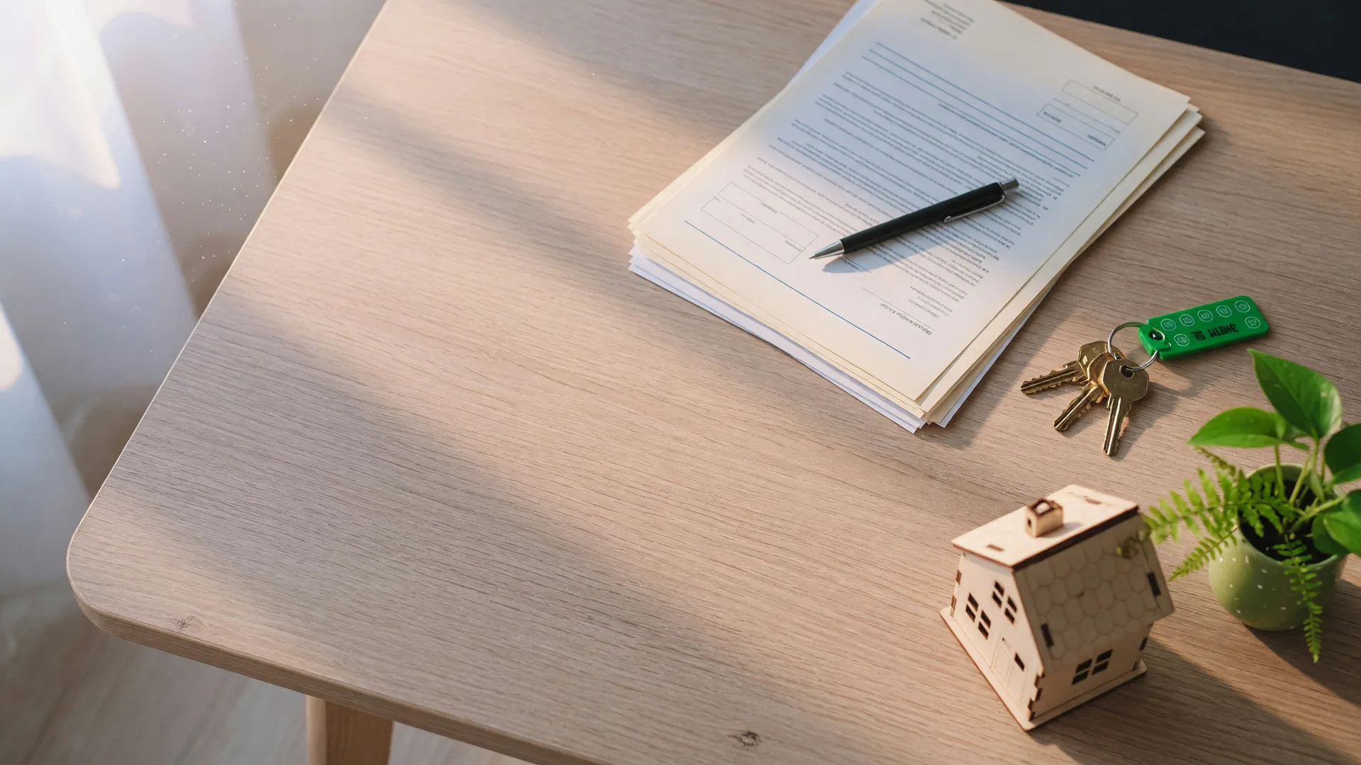 Flat lay of mortgage pre-approval documents, a black pen, brass house keys on a green keychain, and a small wooden model house on a light oak table in soft morning light
