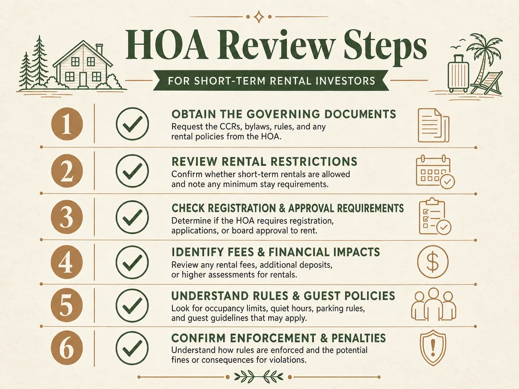 Checklist infographic showing HOA review steps for short-term rental investors