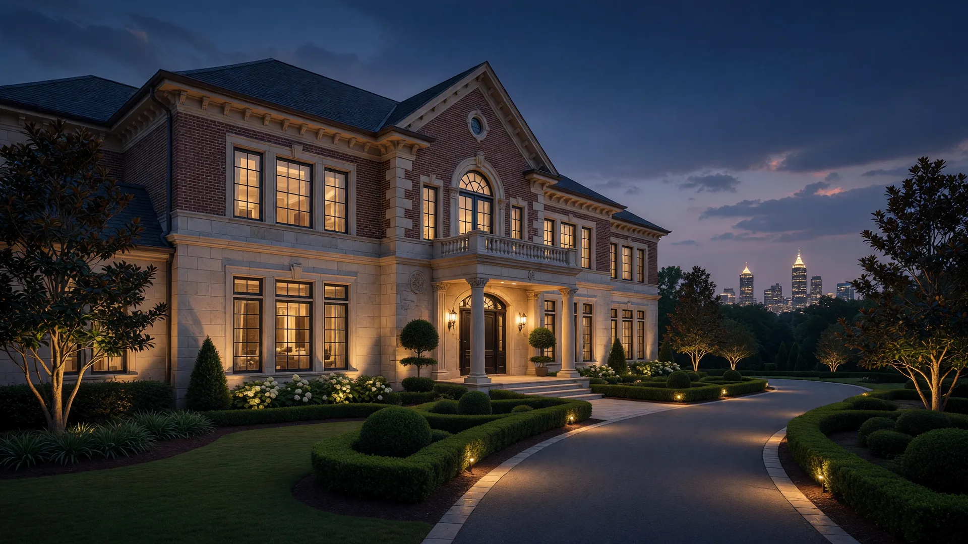 A twilight view of a luxury estate home in Metro Atlanta, warm lights glowing across the manicured grounds as dusk settles over the property
