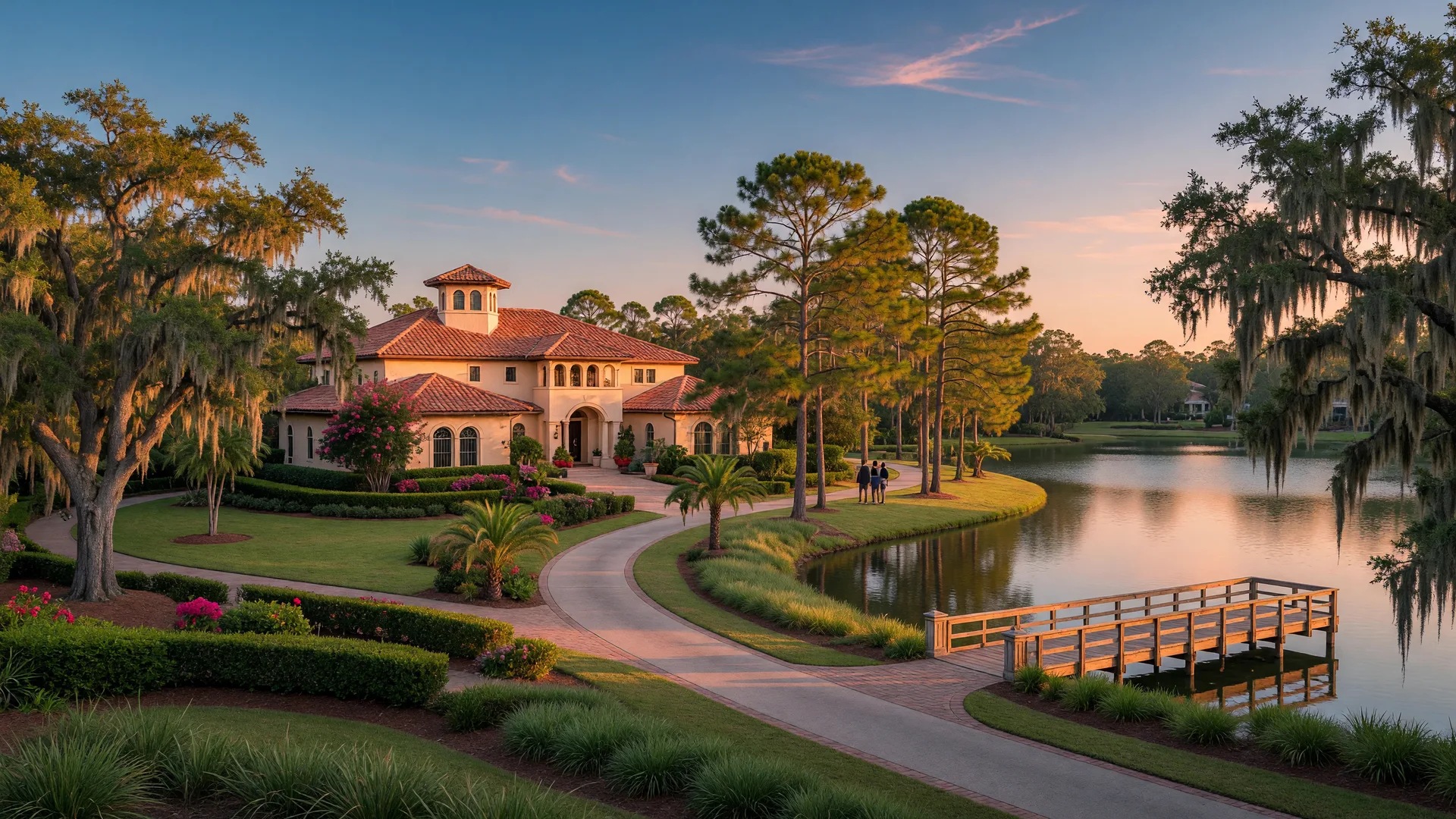 Golden-hour view of a Trinity, Florida master-planned neighborhood with a paved trail and wooden boardwalk beside a calm lake, moss-draped live oaks, and a Spanish Mediterranean home