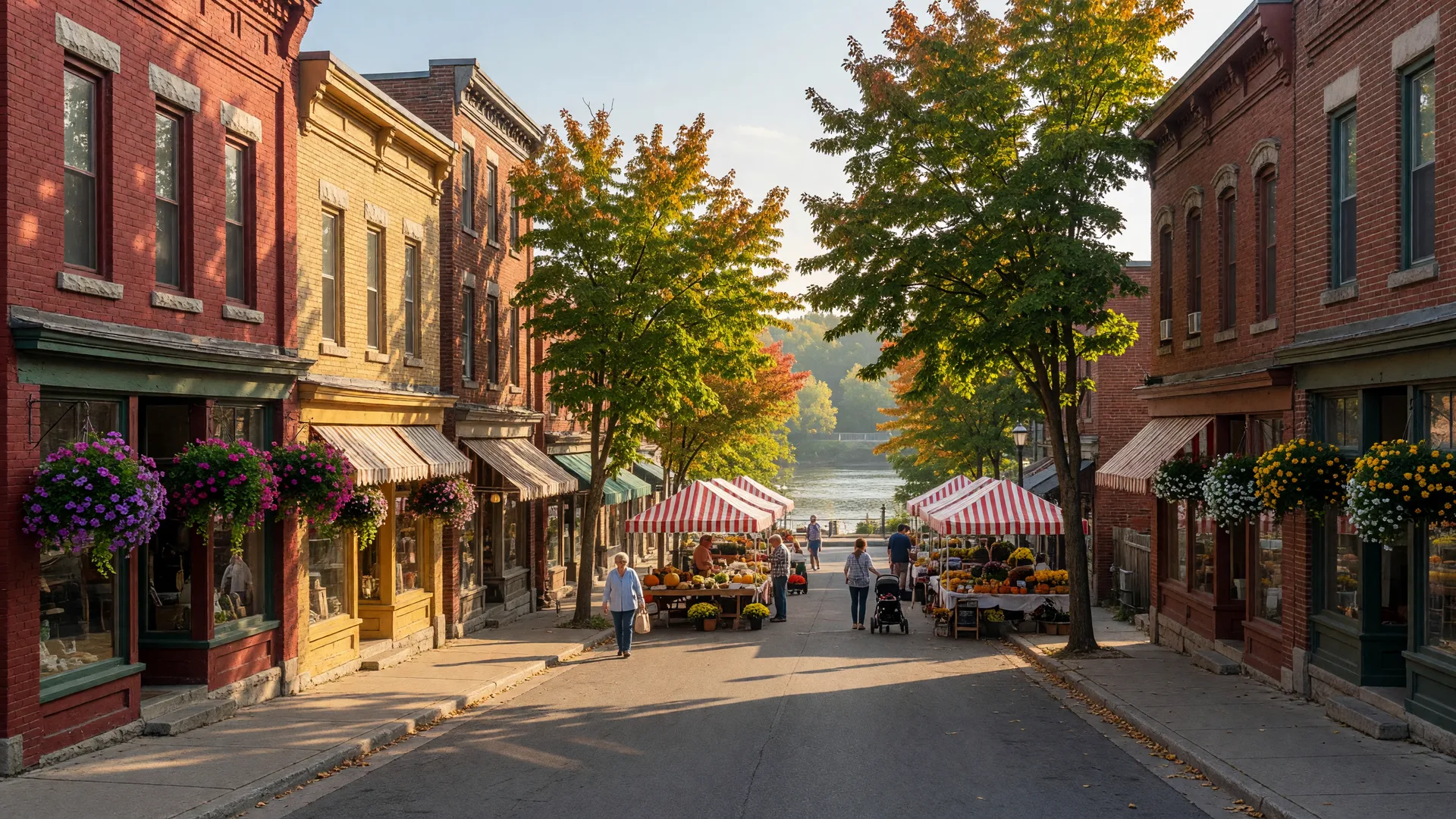 Downtown Campbellford main street on a sunny early September morning with farmers' market stalls