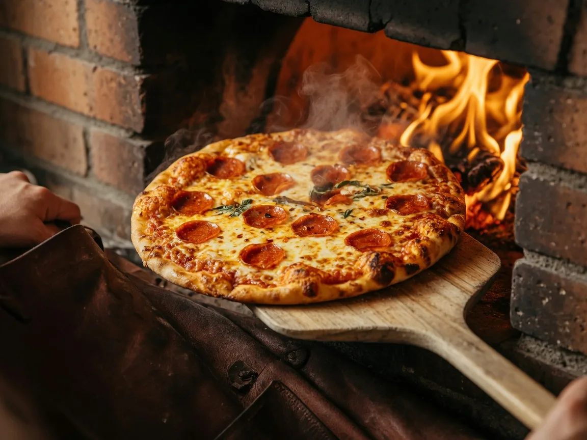 Wood-fired pizza being slid from a brick oven with flames in the background