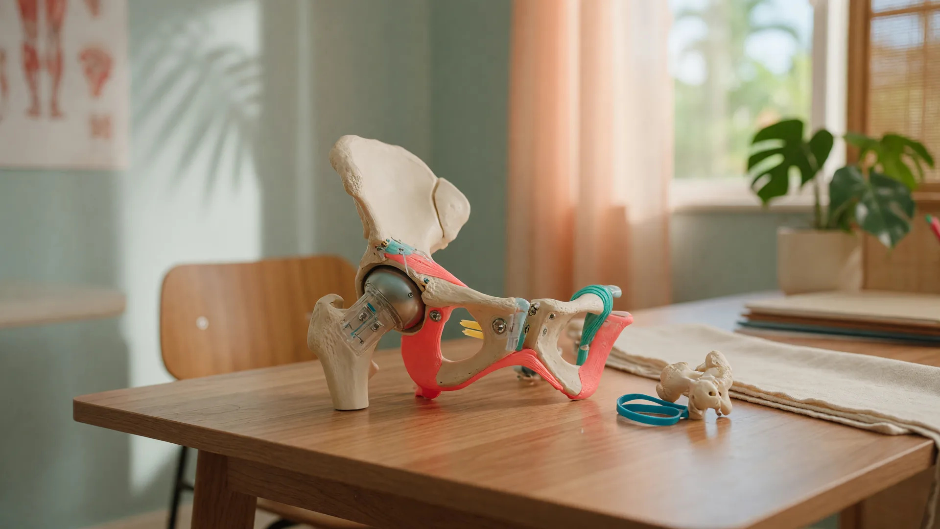 A modern anatomical model of a human hip joint on a table in a softly lit consultation room