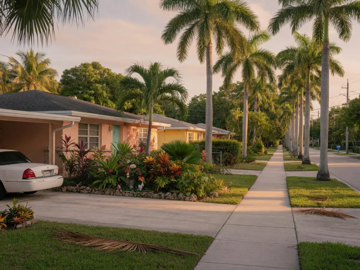 Quiet residential street with ranch homes and royal palms in South Miami