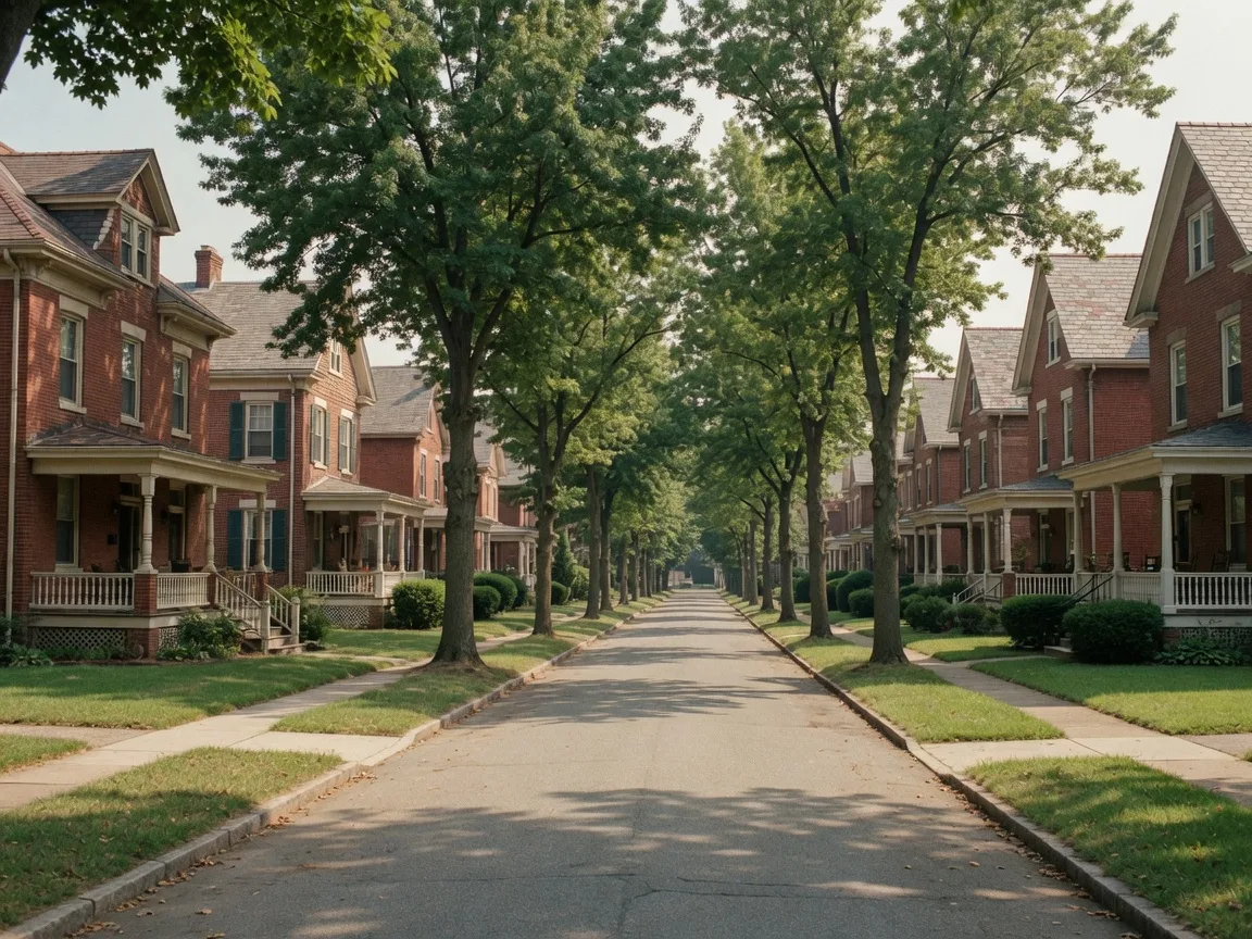 A historic Prince George's County street lined with brick homes and front porches