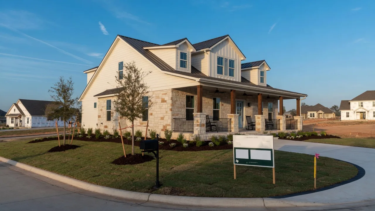 New construction modern farmhouse home in a Texas neighborhood near Brenham with stone and siding exterior