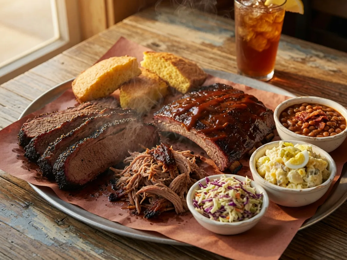 A generous barbecue platter of oak-smoked brisket, pulled pork, baby back ribs, cornbread, potato salad, baked beans, and coleslaw at Stonewall's BBQ in Braselton Georgia