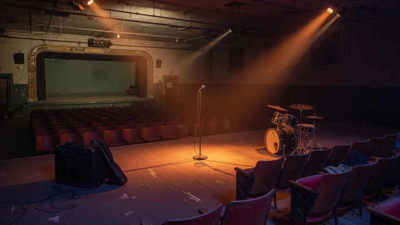 A restored schoolhouse auditorium stage in South Pasadena with warm amber lights, a microphone, and silhouetted instruments