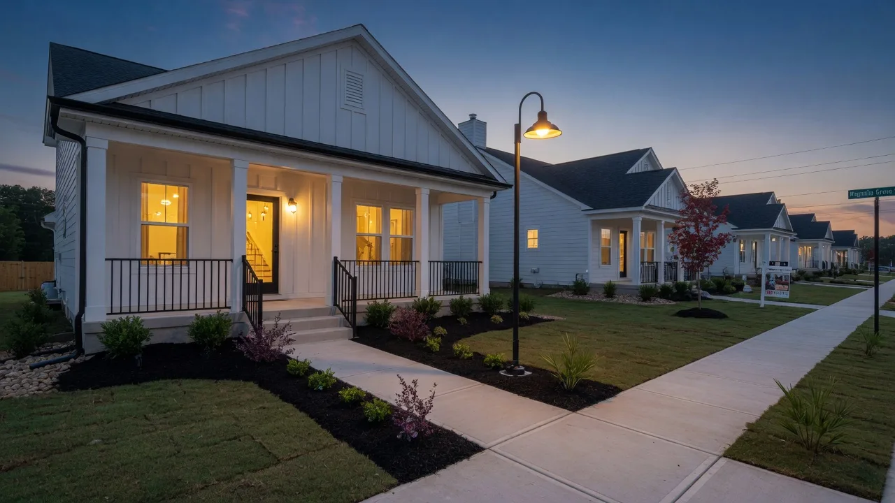 A modern new-construction home at dusk in a South Carolina community, warm light glowing from the windows beside a glowing walkway lamp post