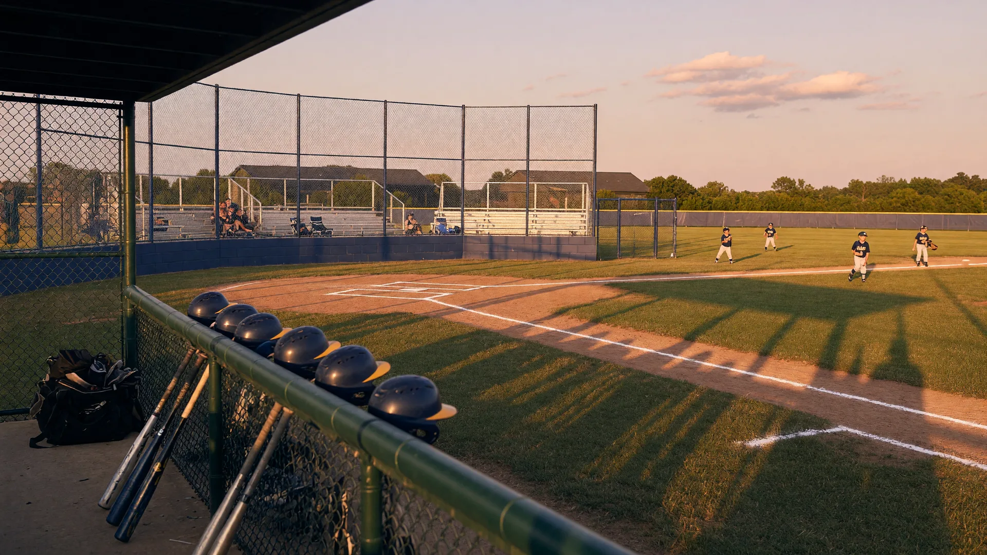 A youth baseball diamond in Delran at golden hour, with the infield chalked and gear resting by the dugout