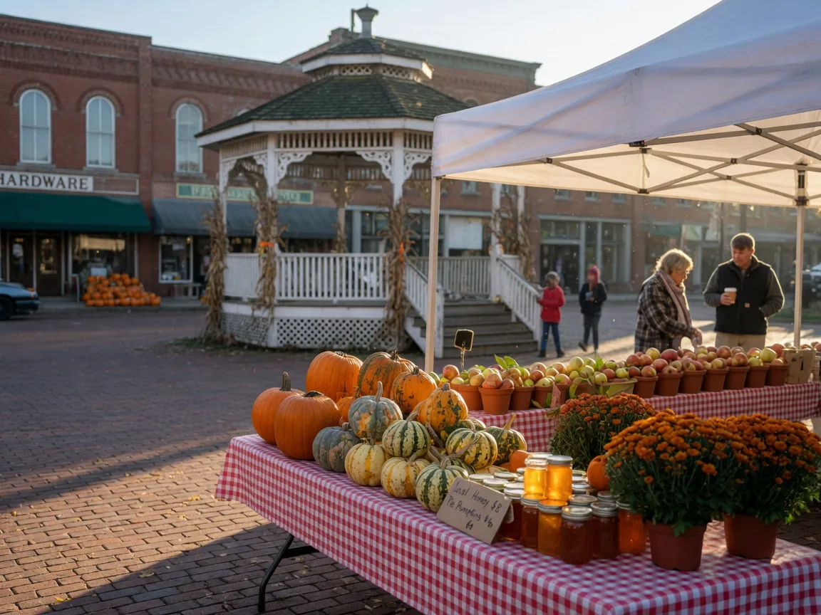 A table piled with pumpkins, gourds, apples, honey jars, and mums at a small-town Ohio farmers market on a historic brick square in warm October morning light