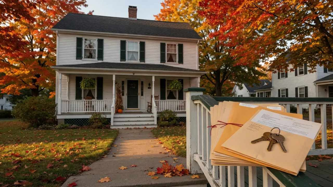 A classic white clapboard New England colonial home in a New Haven neighborhood at golden hour in mid-October, with dark shutters, a front porch, autumn maples, and a small stack of estate documents with a brass key on the railing