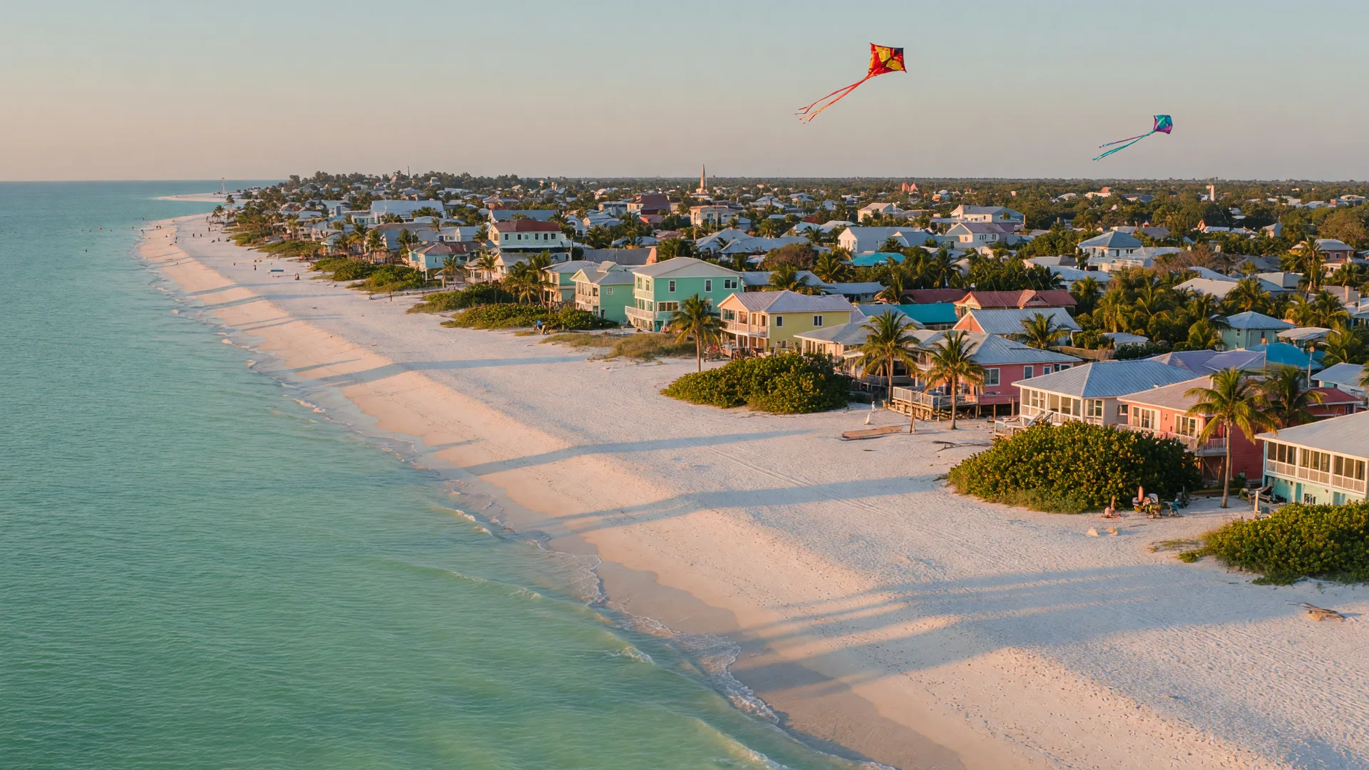 Aerial of Anna Maria Island Gulf beach with white sand, turquoise water, and low-rise pastel beach cottages and palms