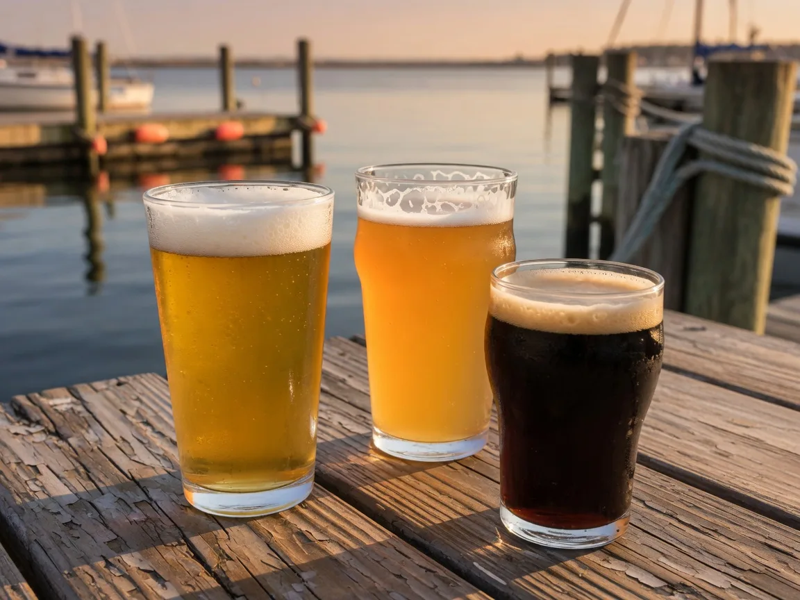 Three glasses of beer on a weathered wooden table at a waterfront brewery: a golden lager, a hazy pale ale, and a dark stout, with marina water softly blurred in the background