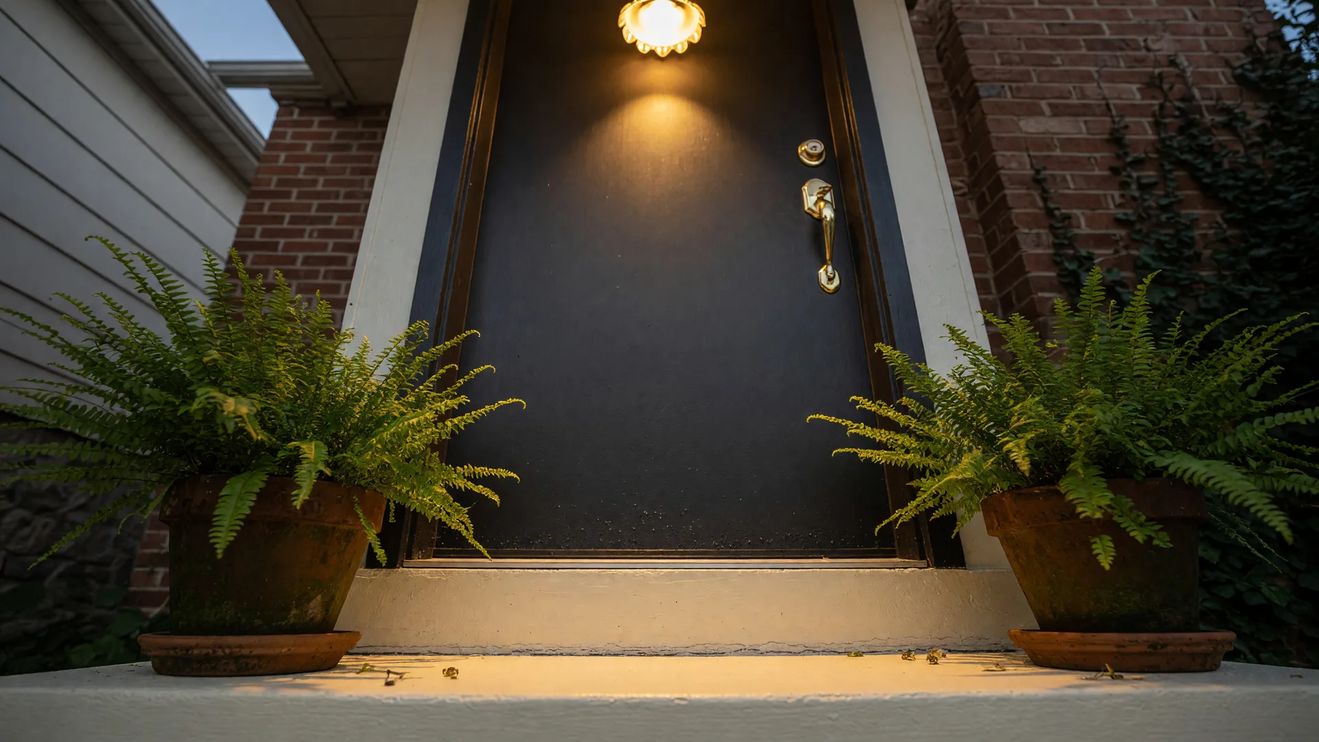 A charcoal front door with a brass handle, glowing porch light, and potted ferns at dusk