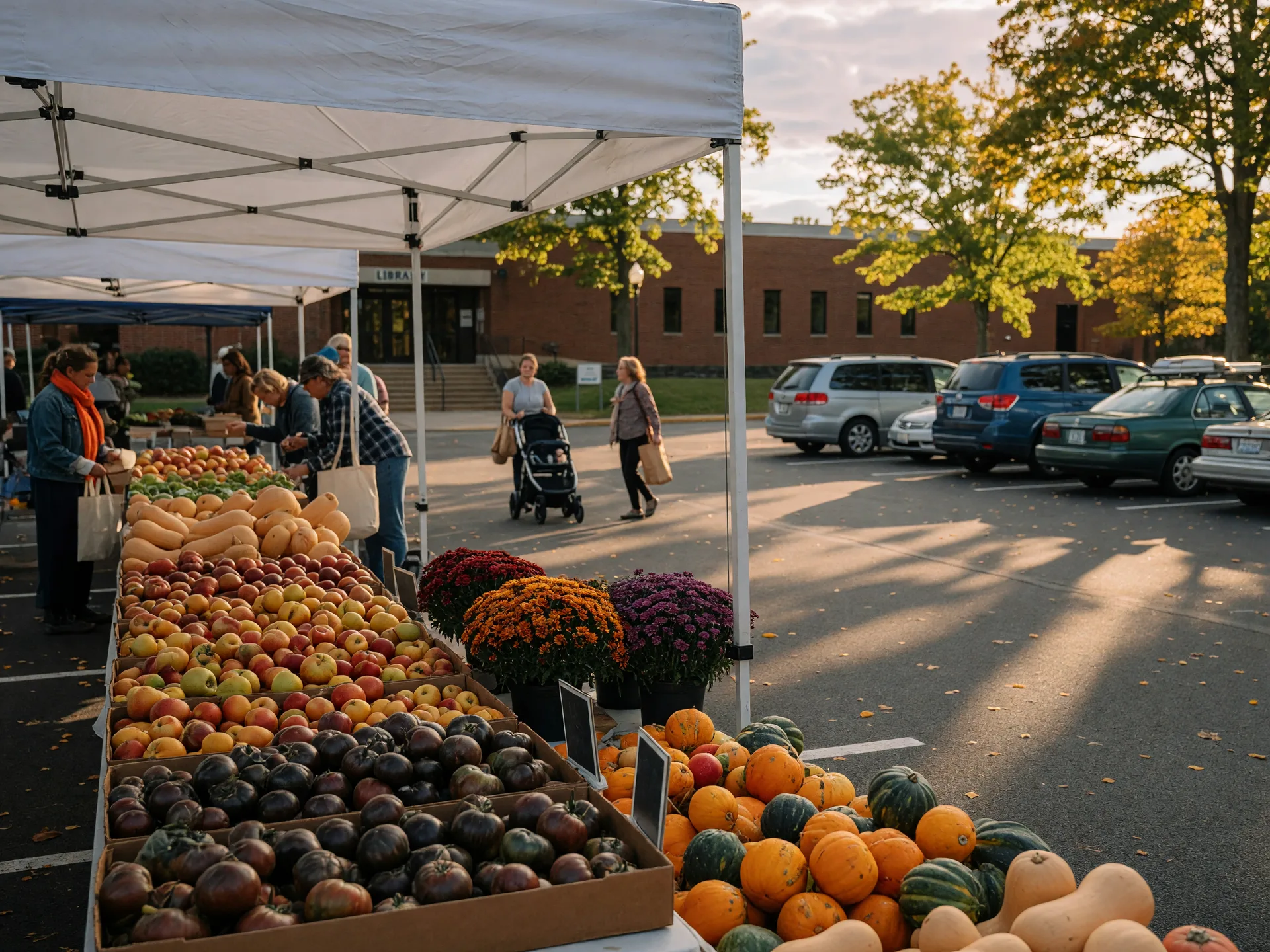 White market canopies loaded with heirloom tomatoes, apples, and fall produce in a library parking lot on a warm late-September afternoon, shoppers browsing as distant silhouettes in golden light