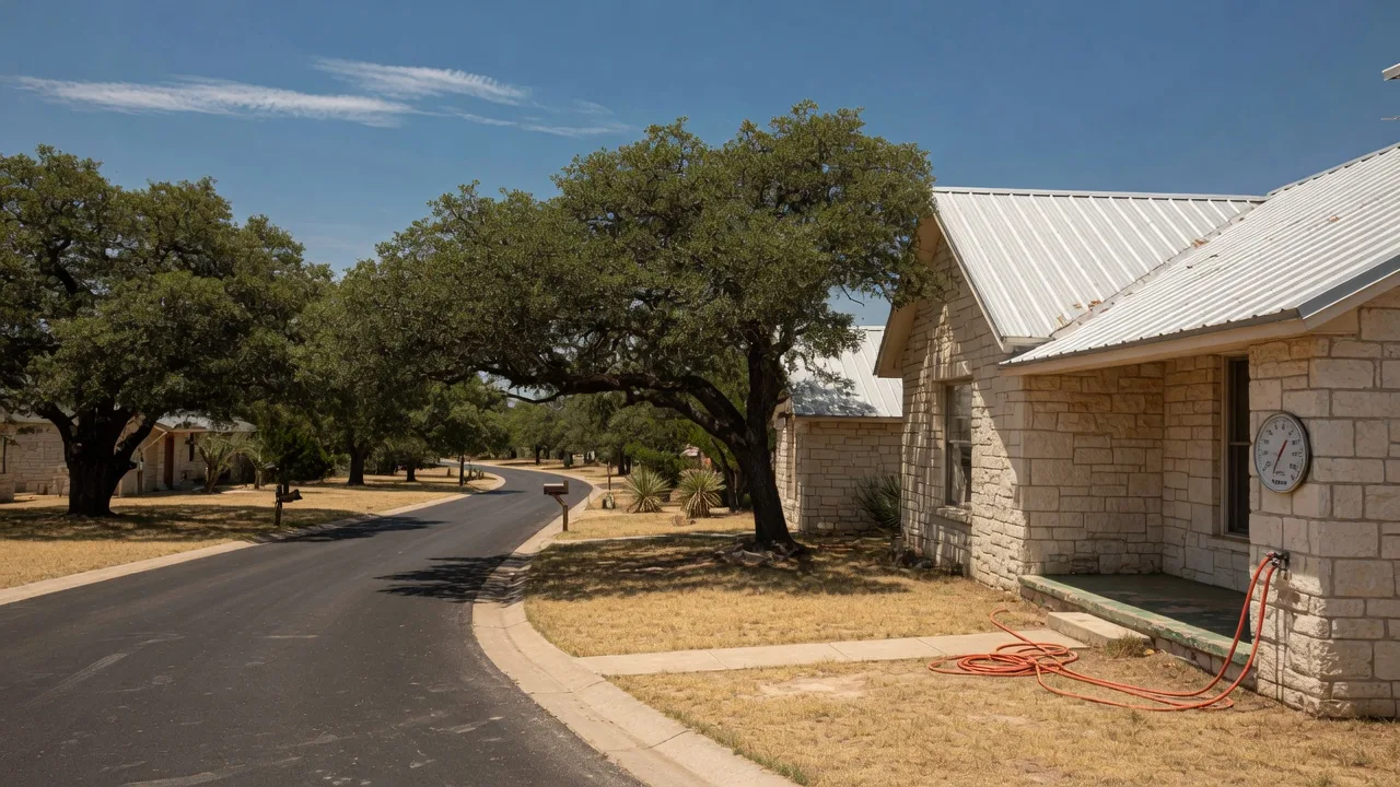 A Texas Hill Country residential street on a blazing summer afternoon, with heat shimmer rising from the asphalt, a limestone home with a metal roof under a deep blue sky, live oak trees casting sharp-edged shadows across a sun-bleached lawn