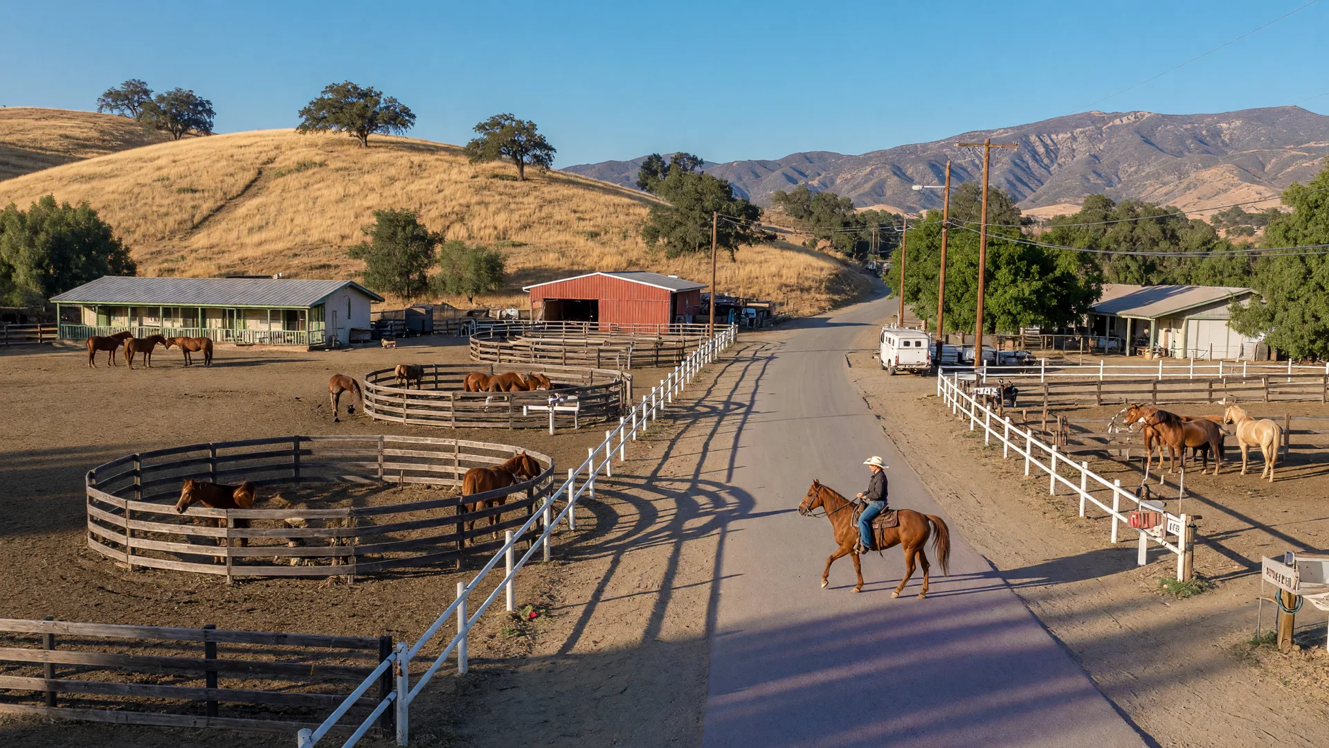 Rural Norco street with large lots, horse corrals, and a rider on horseback beneath open golden hills