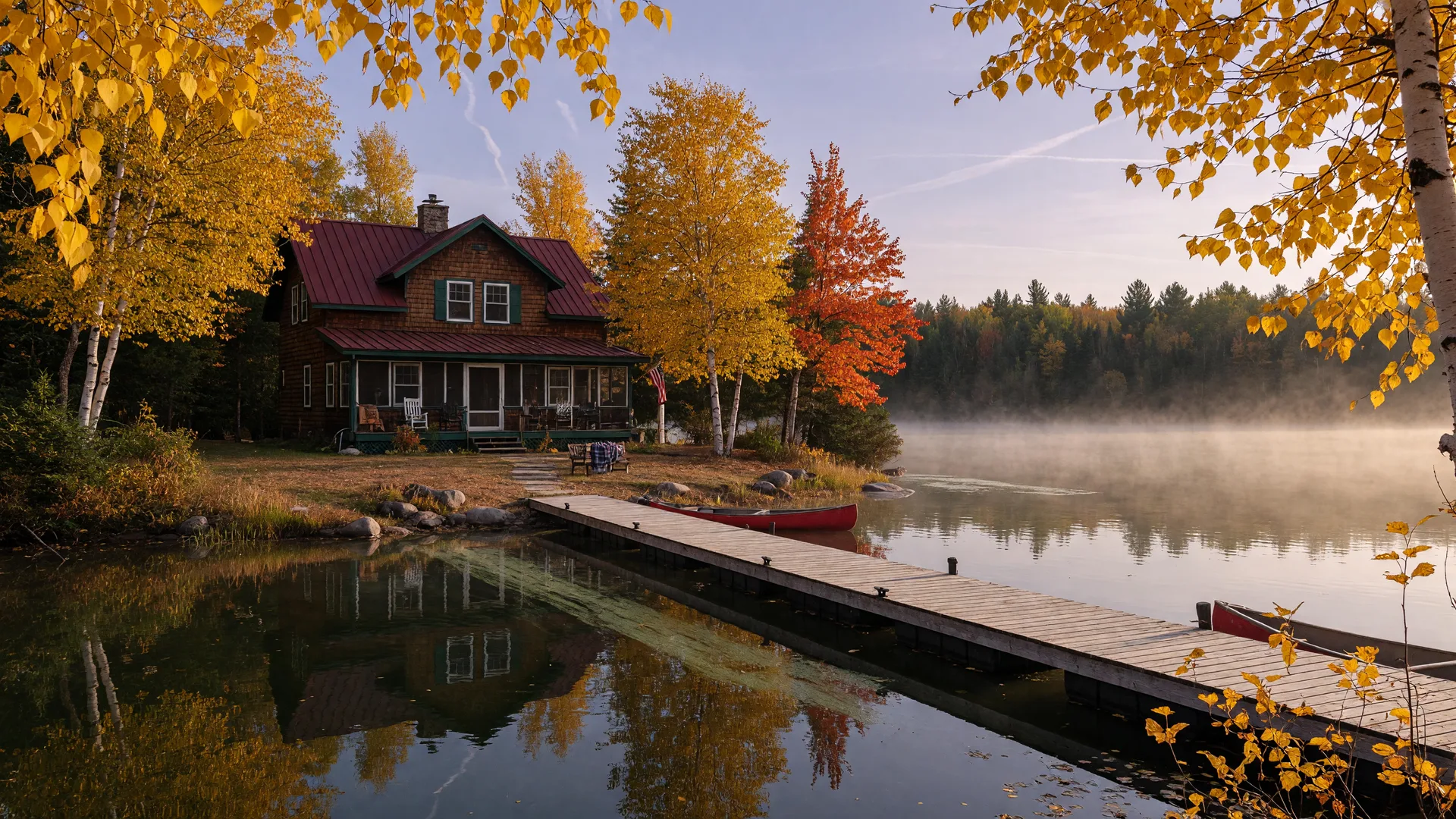 Classic Northwoods Minnesota lake home with a wooden dock on calm water in early autumn