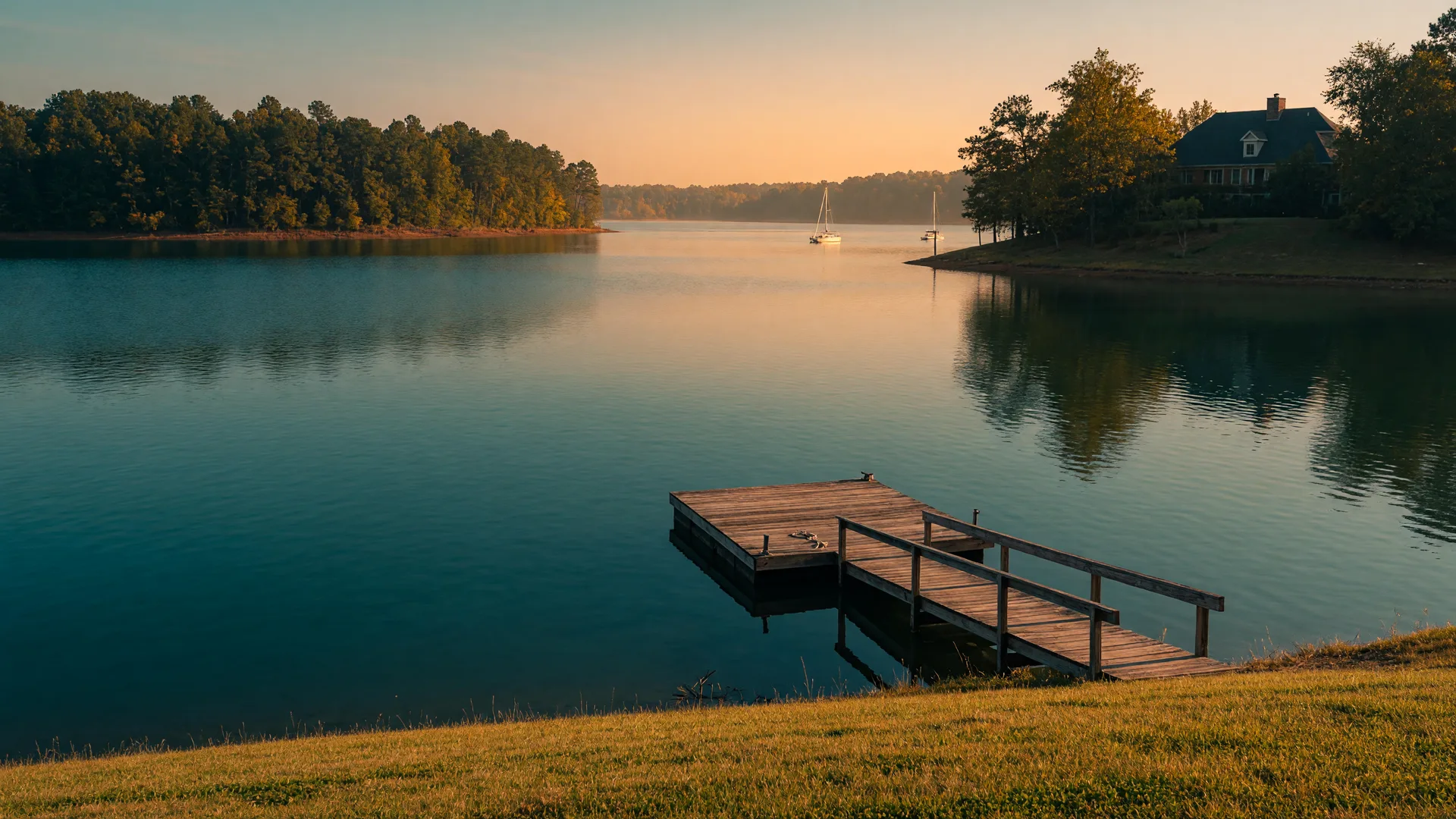 Golden hour view of a North Carolina reservoir lake with a private wooden dock, teal water, and a forested far shore