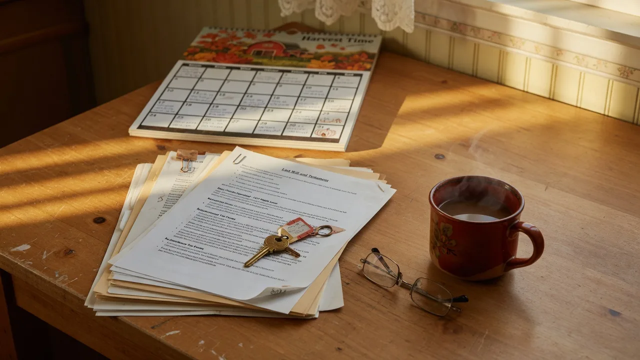 A thoughtful still-life photograph of a brass house key, an open autumn wall calendar, a stack of estate documents, reading glasses, and a mug of coffee on a sunlit kitchen table