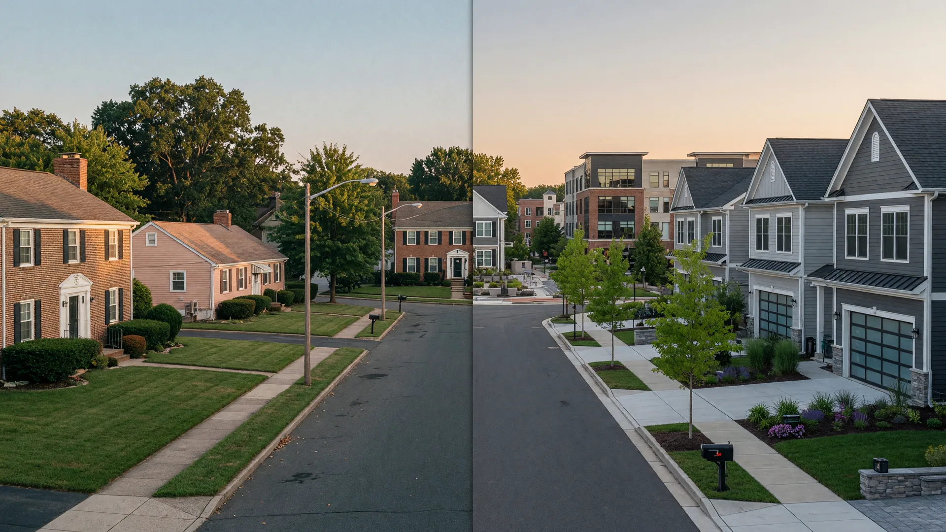 Split-screen comparison of a tree-lined mid-century Cherry Hill neighborhood and a newer, more contemporary Voorhees residential scene