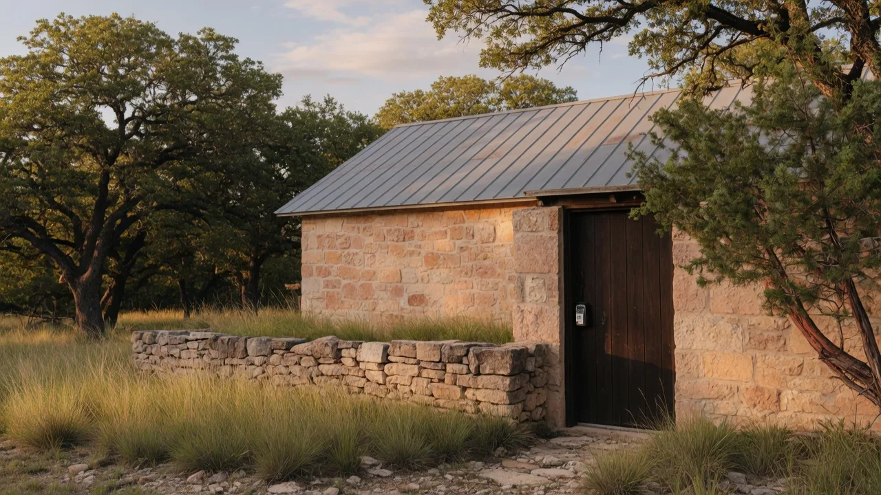 A Texas Hill Country limestone home with a standing-seam metal roof and a lockbox at golden hour, representing the property condition disclosure in a Texas real estate transaction
