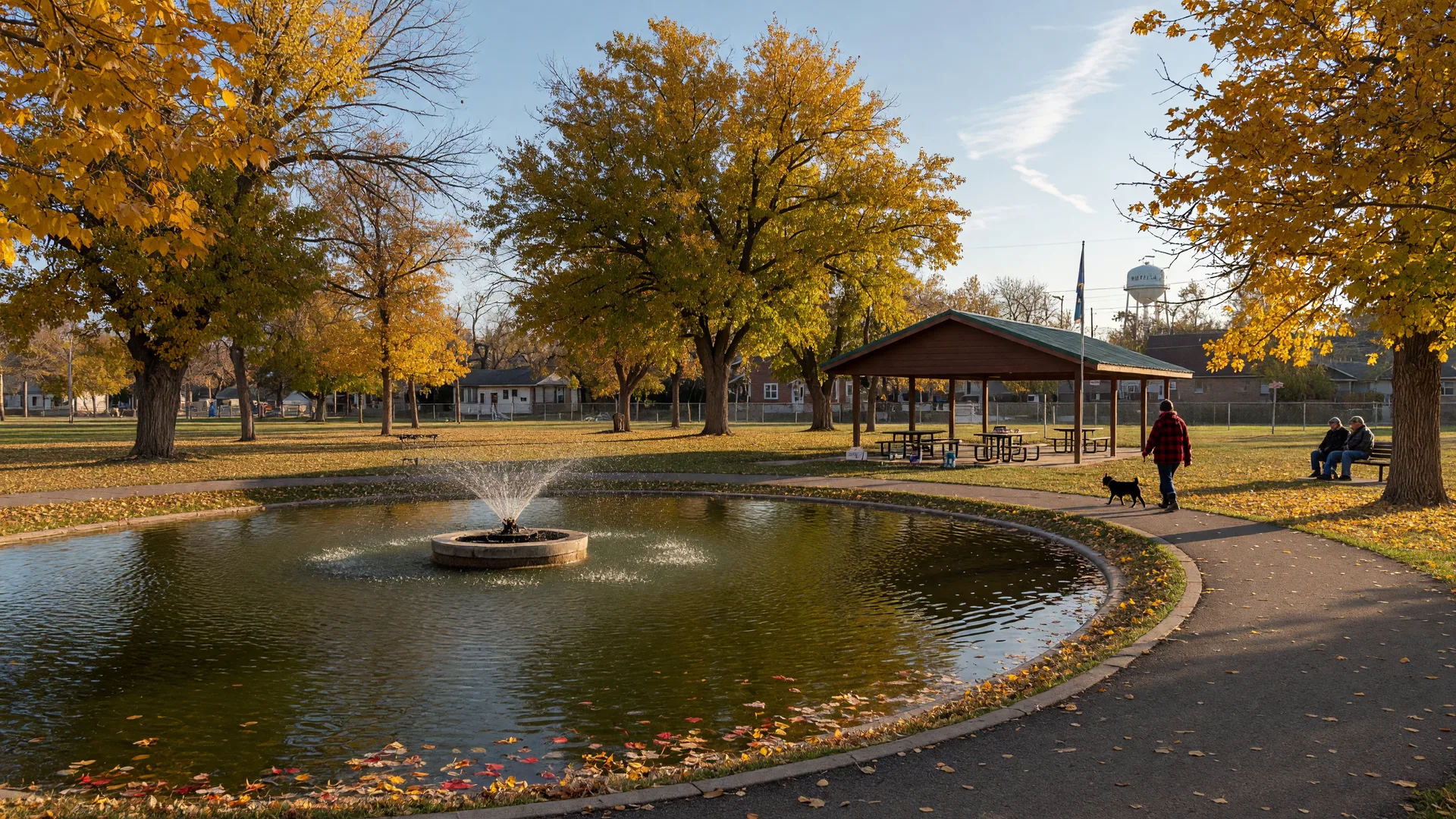 Golden autumn trees around the pond and paved walking loop at Tea City Park in South Dakota